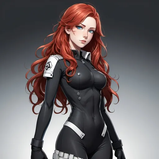 Prompt: A woman soldier with long wavy red hair and blue eyes a very feminine body and light white skin. She is wearing a black bodysuit and tech clothing. Draw her in 2d like an anime style. In a Persona 4 or Danganronpa art style.
