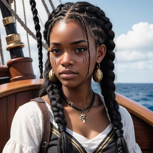 Prompt: A black female pirate with black and white long hair over her shoulders with some braids on her hair has earrings, and she has some scars on her face. Draw as if she is on the ship. Draw 2d like an anime fanart.