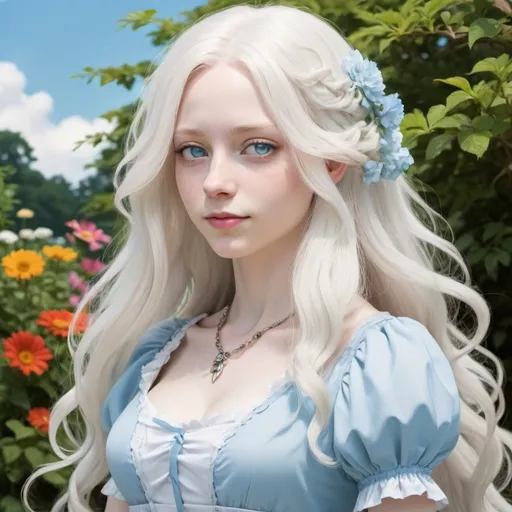 Prompt: A woman noblewoman with albino disorder. She has long wavy white hair, ice-blue eyes, and pale light skin. She wears a long baby blue dress. Draw a colorful garden behind her. Draw 2d like an anime. In a Persona videogame series style or Danganronpa art style.