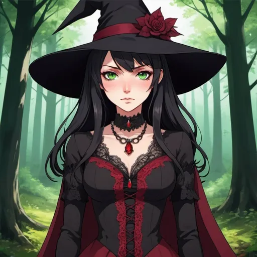 Prompt: A witch with, long black hair and green eyes wearing a claret red gothic witch dress, she has an elegant ruby lace necklace and a classic wide black witch hat with some red stones on it. She has an innocent face. Her nails are either painted black. Draw a forest behind her. Draw 2d like an anime. Draw as if she is in a forest. Draw 2d like an anime. Persona 4 or Danganronpa art style.