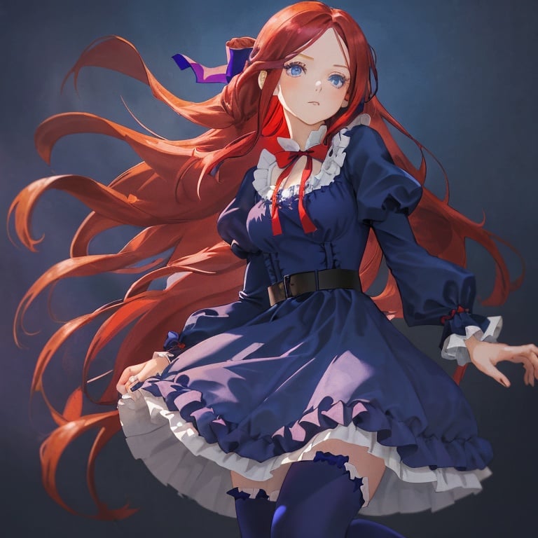 Prompt: A woman with, long red hair and blue eyes wears a navy blue dress with puffy sleeves. It has ruffles on the chest, and a string bow on her neck with dark purple leggings/stocking under her dress with brown buckle shoes.