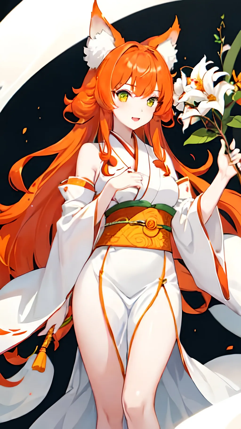 Prompt: a girl kitsune with green eyes, long curly ginger hair, pale white skin, orange tails with white tips, very feminine phys, wears an a bit revealing white and red flower designed midi kimono dress.