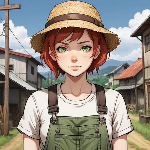 Prompt: A woman farmer with short red hair, green eyes, and pale light skin. She wears dirty or patched overalls. She wears a straw hat on her head and she has a cross necklace. Draw some old town behind her. Draw 2d like an anime. In a Persona 4 or Danganronpa art style.