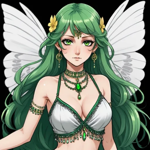 Prompt: She has long wavy green hair and green eyes, her skin is white. Her wings look like a butterfly would have Her pointy long ears poke out of her hair, and she has a few piercings on her long ears, very feminine Phys, wears a female belly dancer outfit. Draw 2d like an anime. In a Persona 4 or Danganronpa art style.
