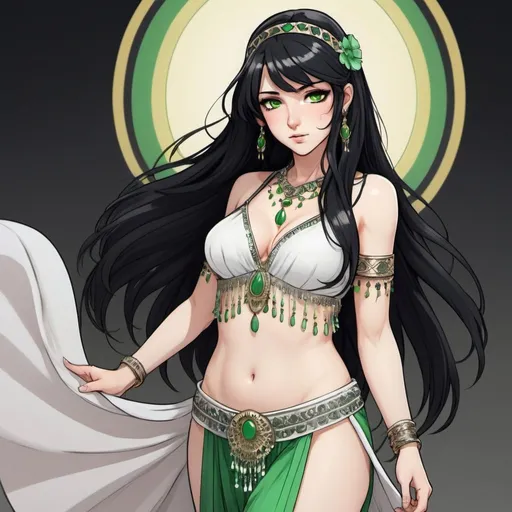 Prompt: A woman with long black hair, green eyes, pale light skin, and an innocent face, She has very feminine Phys, and wears a white female belly dancer outfit. Draw 2d like an anime. In a Persona 4 or Danganronpa art style.