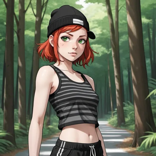 Prompt: A pale white-skinned and short red-haired, green-eyed woman with very feminine Phys, wears a black and gray striped tank top, a black dolphin shorts and a black beanie. Draw a street behind her. Draw 2d like an anime. Draw as if she is in a forest. Draw 2d like an anime. Persona 4 or Danganronpa art style.