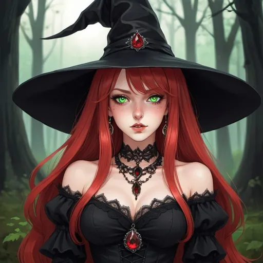 Prompt: A witch with, long red hair and green eyes wearing a black gothic witch dress, she has an elegant ruby lace necklace and a classic wide black witch hat with some red stones on it. She has an innocent face. Her nails are either painted black. Draw a forest behind her. Draw 2d like an anime.