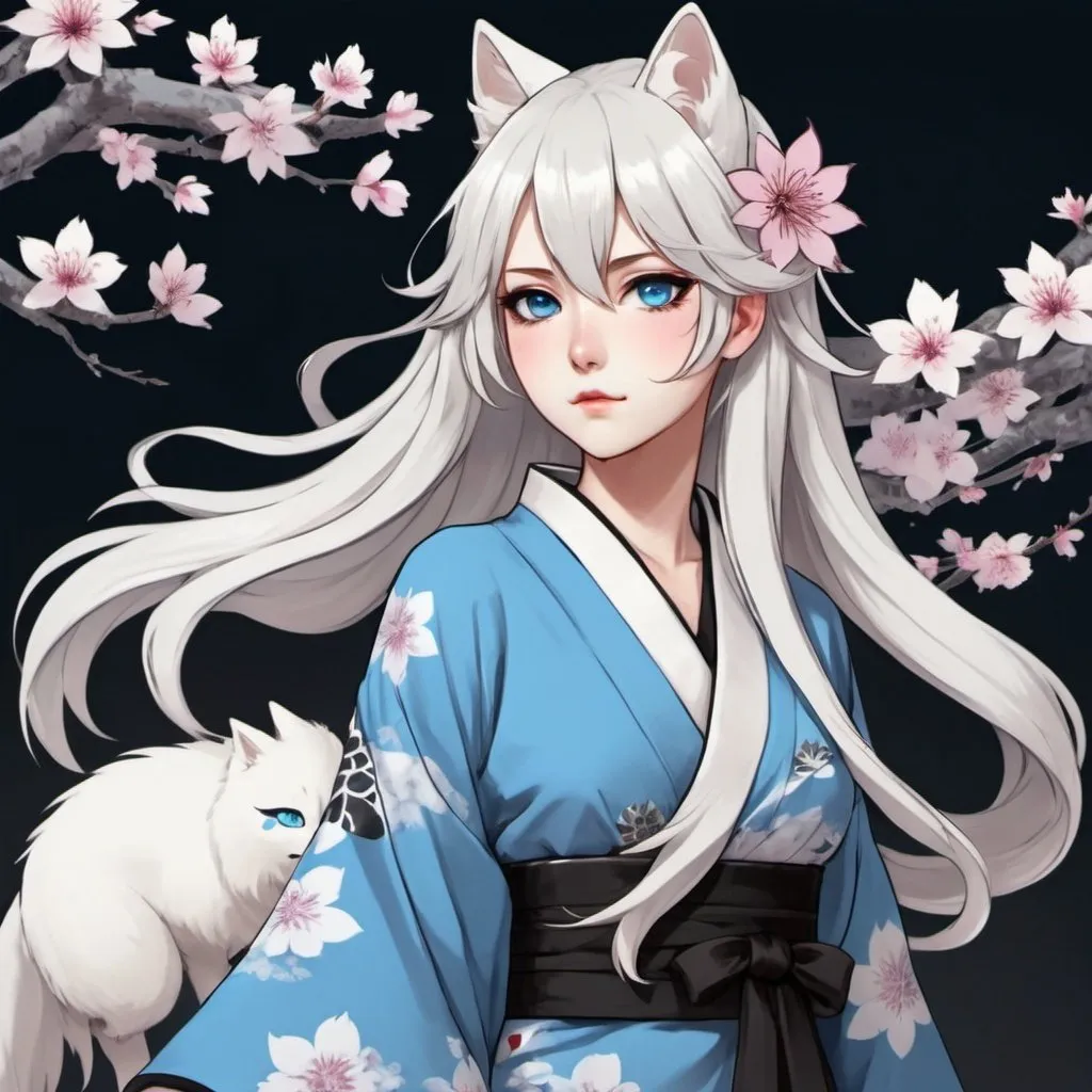 Prompt: a girl kitsune with ice blue eyes, long wavy platin white hair with black tips, pale white skin, white tails with black tips, very feminine Phys, wears a bit revealing blue and sakura flower designed midi kimono dress. Draw some old shire behind her. Draw 2d like an anime. In a Persona 4 or Danganronpa art style.