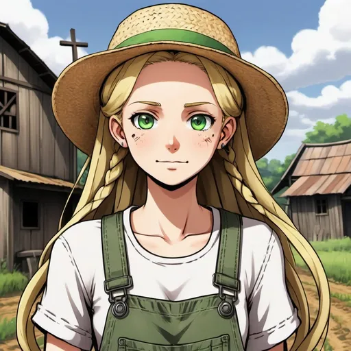 Prompt: A woman farmer with long blonde braids, green eyes, pale light skin, and an innocent face. She wears dirty or patched overalls. She wears a straw hat on her head and she has a cross necklace. Draw some old town behind her. Draw 2d like an anime. In a Persona 4 or Danganronpa art style.