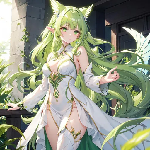 Prompt: She has long wavy green hair and green eyes, her skin is white. Her wings look like a butterfly would have Her pointy long ears poke out of her hair, and she has a few piercings on her long ears. She wears a white long dress