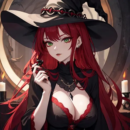 Prompt: A witch with, long red hair and green eyes wearing a black gothic witch dress, she has an elegant ruby lace necklace and a classic wide black witch hat with some red stones on it. She has an innocent face. Her nails are either painted black.