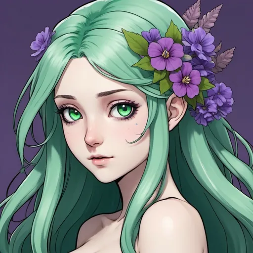 Prompt: A mermaid with pale white skin, long green-blue hair, and purple eyes with a few purple flowers on her head. She also has long elf like ears. Draw 2d like an anime. In a Persona 4 or Danganronpa art style.