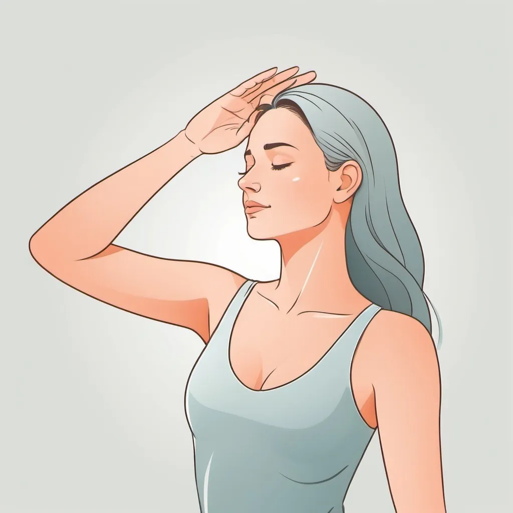 Prompt: (vector Illustration),  (light colors), eft tapping, using right hand to tap on top of head, woman, simplistic designs, relaxed expression, soft lines, minimalistic approach, smooth texture, show body up to waist.