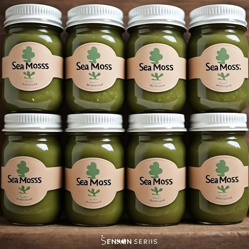 Prompt: Generate an image of baby food in mason jars with a logo on the outside saying ‘Sea-moss’