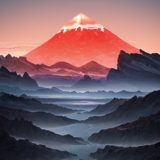 Prompt: "Generate an artist's rendering capturing the grandeur of three parallel mountain ranges separated by expansive plains, with volcanic peaks rising majestically amidst the rugged terrain. The scene should convey a sense of awe and scale, emphasizing the vastness of the landscape as viewed from a distant vantage point."
