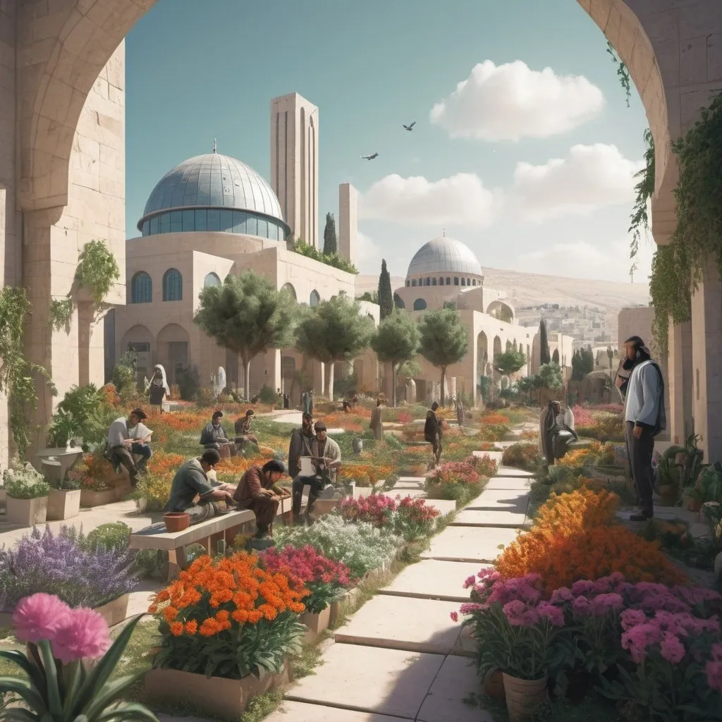 Prompt: A utopian futuristic high-tech Palestine with lots of flowers and plants and some poets in the background, nobody thinking about war