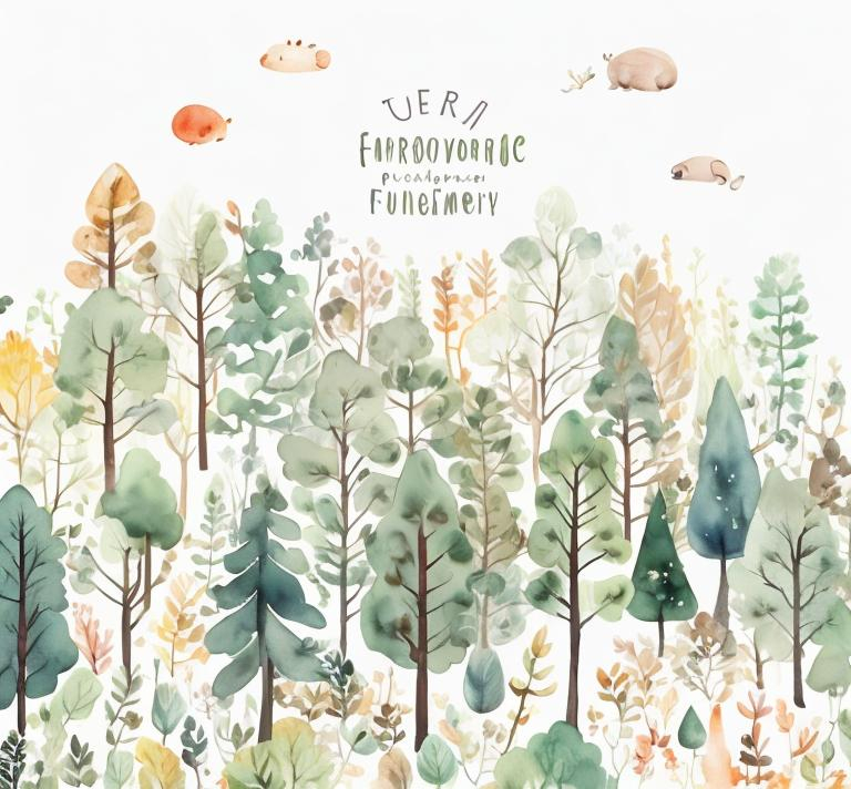 Prompt: Watercolor illustration of a forest, natural colors, cute woodland creatures, playful atmosphere, high quality, detailed watercolor, forest scenery, children's book illustration, soft pastel tones, warm and gentle lighting, natural colors, white space, silhouette