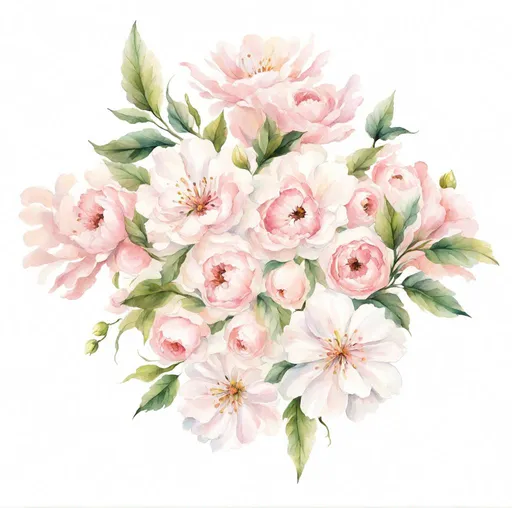 Prompt: A water color image of a bouquet of pink and white flowers. It will need to have a transparent background and have the background removed so it can he used as a Canva element for wedding invitations.