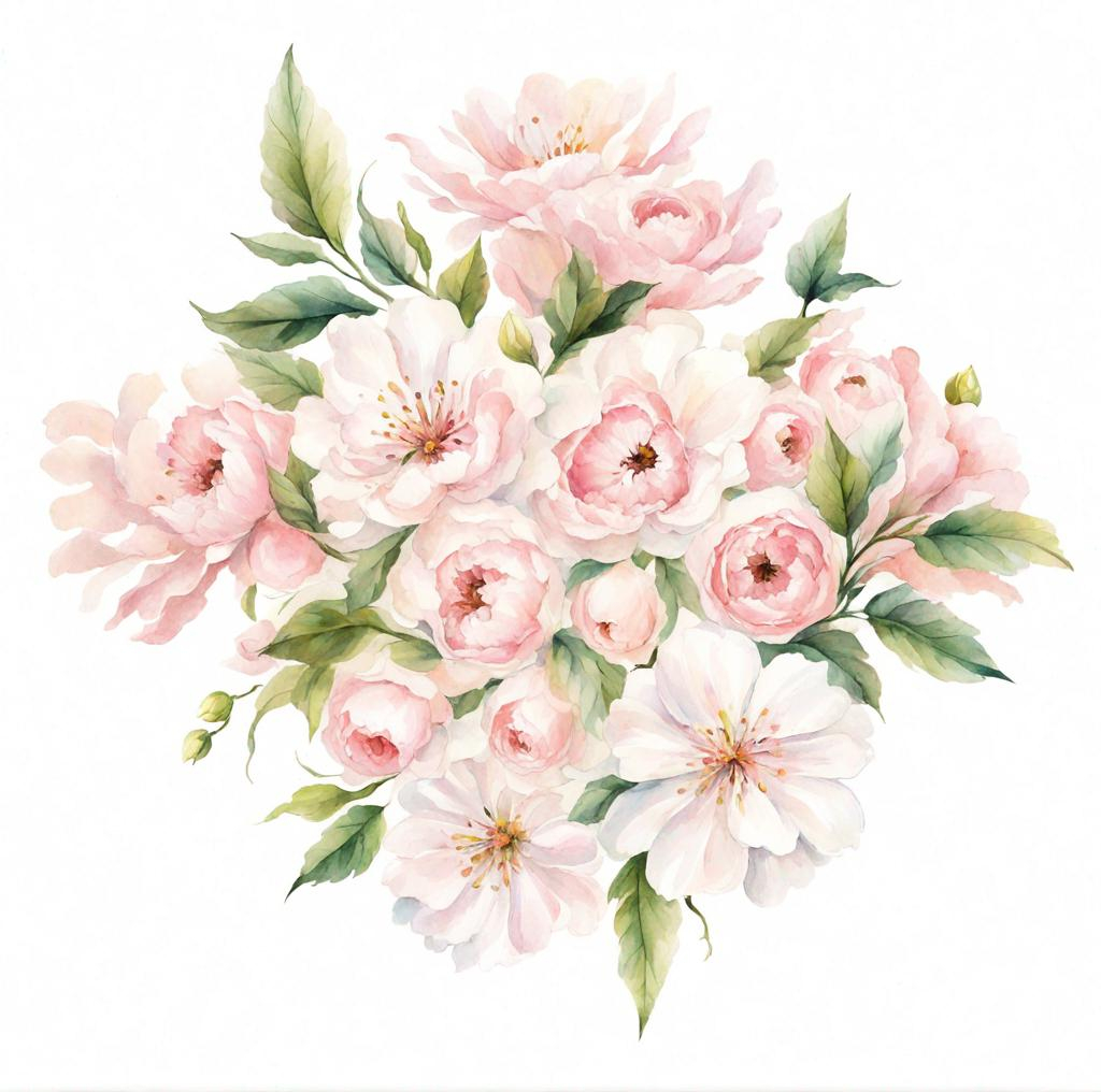 Prompt: A water color image of a bouquet of pink and white flowers. It will need to have a transparent background and have the background removed so it can he used as a Canva element for wedding invitations.