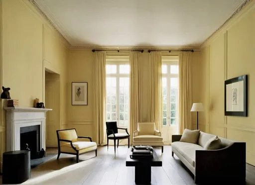 Prompt: a chic sitting room, pale yellow walls, Vincent van Duysen, dim daylight, tranquil atmosphere, photographed by Annie Leibovitz
