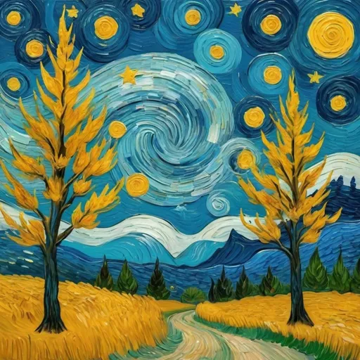 Prompt: painting with van gogh style it has trees and stars wind and special features 