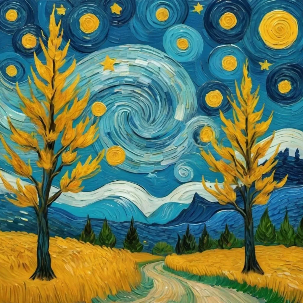 Prompt: painting with van gogh style it has trees and stars wind and special features 