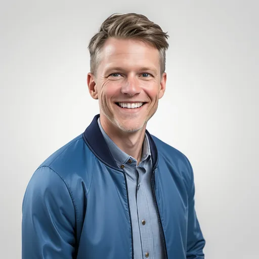 Prompt: a man smiling for a picture with a white background and a blue jacket on his jacket is smiling for the camera, Dan Christensen, precisionism, professional photo, a digital rendering
