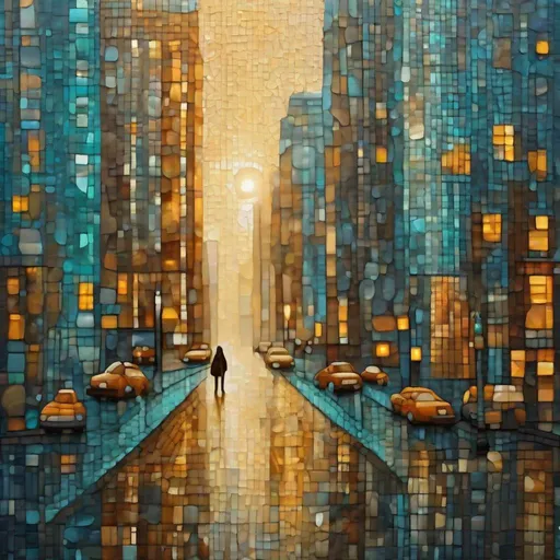 Prompt: Neutral Color, boho, Matte painting, reflections, mosaic, stained glass, Manhattan, time square, light navy and brown, teal and amber, distressed materials, calming effect, natural materials, pointillism, haze, Iwona Lifsches and Catherina Abel figurative art : nyc, AMBIENT sunset Broken Glass effect, stunning, something that even doesn't exist, mythical being, energy, molecular, textures, iridescent and luminescent scales, breathtaking beauty, pure perfection, divine presence, unforgettable, impressive, breathtaking beauty, Volumetric light, auras, rays, vivid colors reflects, 