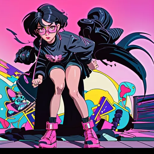 Prompt: black hair (medium wavy), woman in her 25s, (wearing pink colored glasses), (172 cm tall, 70 kg), (stylish Doc Martens), vibrant Kpop fan aesthetic, playful atmosphere, detailed and confident facial expression, bright, eye-catching colors, (ultra-detailed), urban background setting, conveys a sense of contemporary youth culture, music-inspired elements, bold styling showcasing her personality and passion for Kpop.