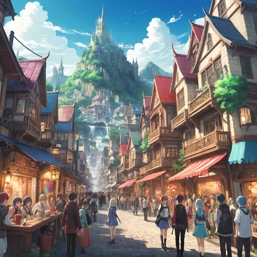 Prompt: Fantasy world, Anime style, Colorfull, Calm, Friendly, Great, HD picture, Crowded town