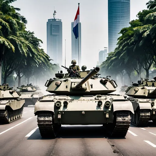 Prompt: Netherlands Tanks and army come Running to the Indonesia City of Jakarta In WW3