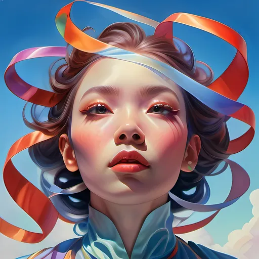 Prompt: Loish, james jean, floating female figure made of ribbons, smoke, in the sky, colorful and vibrant, mystical  colors, contemporary impressionism, yanjun cheng portrait painting, iridescent painting, 3/4 perspective view, exquisite face, low angle, sweeping circling composition, large beautiful crystal eyes, big irises, 