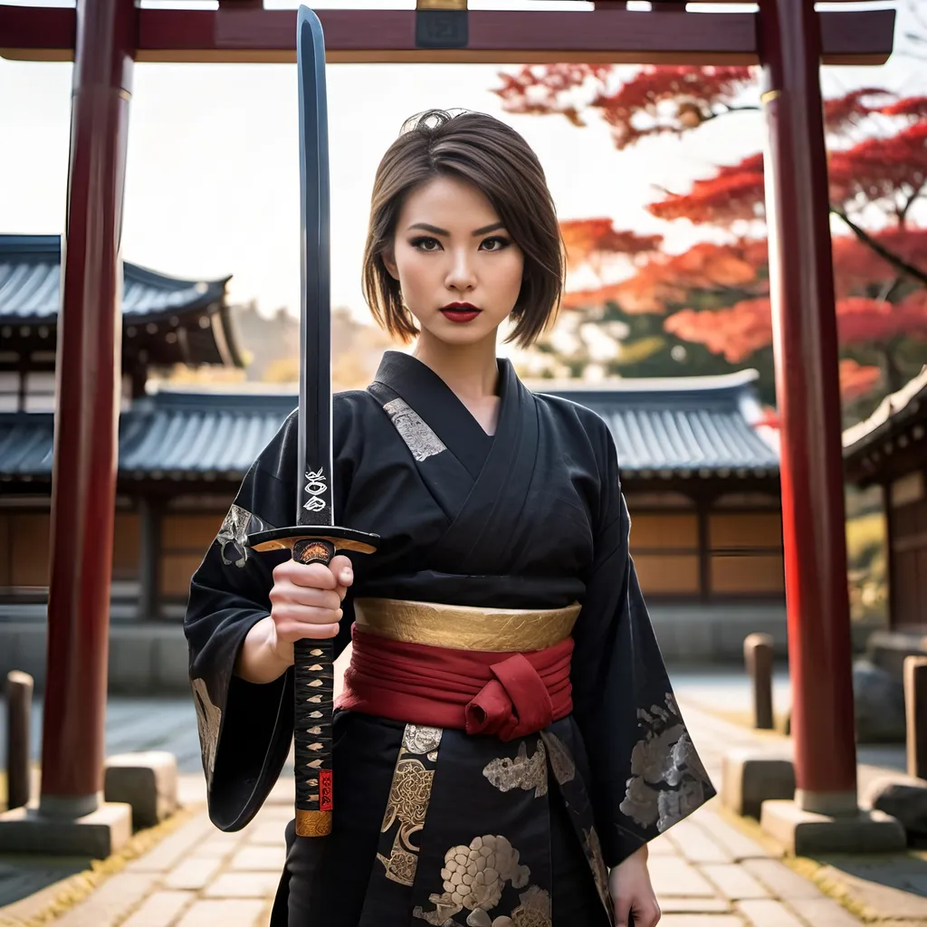 Prompt: Japanese warrior woman, intricate face, short brown hair, dark makeup, red lipstick, dressed in black kimono, black trousers, and black boots, holding a gleaming damascus steel katana with an elaborate pattern and a golden hilt guard, sword held ready for battle, standing in front of a Torii Gate, sunlight, high-res, 8k, photo, warrior, traditional, detailed, intricate, fierce, confident, historical, elegant, black attire, traditional Japanese setting, gleaming sword, sunlight filtering through gate, stoic expression, professional lighting