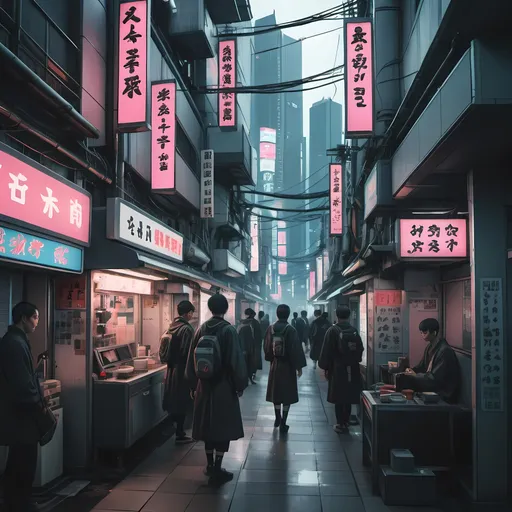 Prompt: Daily life of a cyberpunk city with japan vibes
