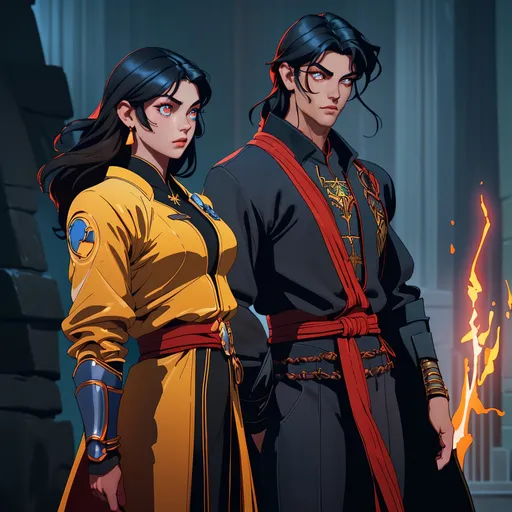 Prompt: Handsome warrior boy, soft, long black hair, red fire eyes, intense gaze, perfect curvaceous body, high resolution, professional, fantasy town, yellow and blue tones, enchanting, detailed eyes, elegant design, atmospheric lighting, good equipment dress, with dark aura