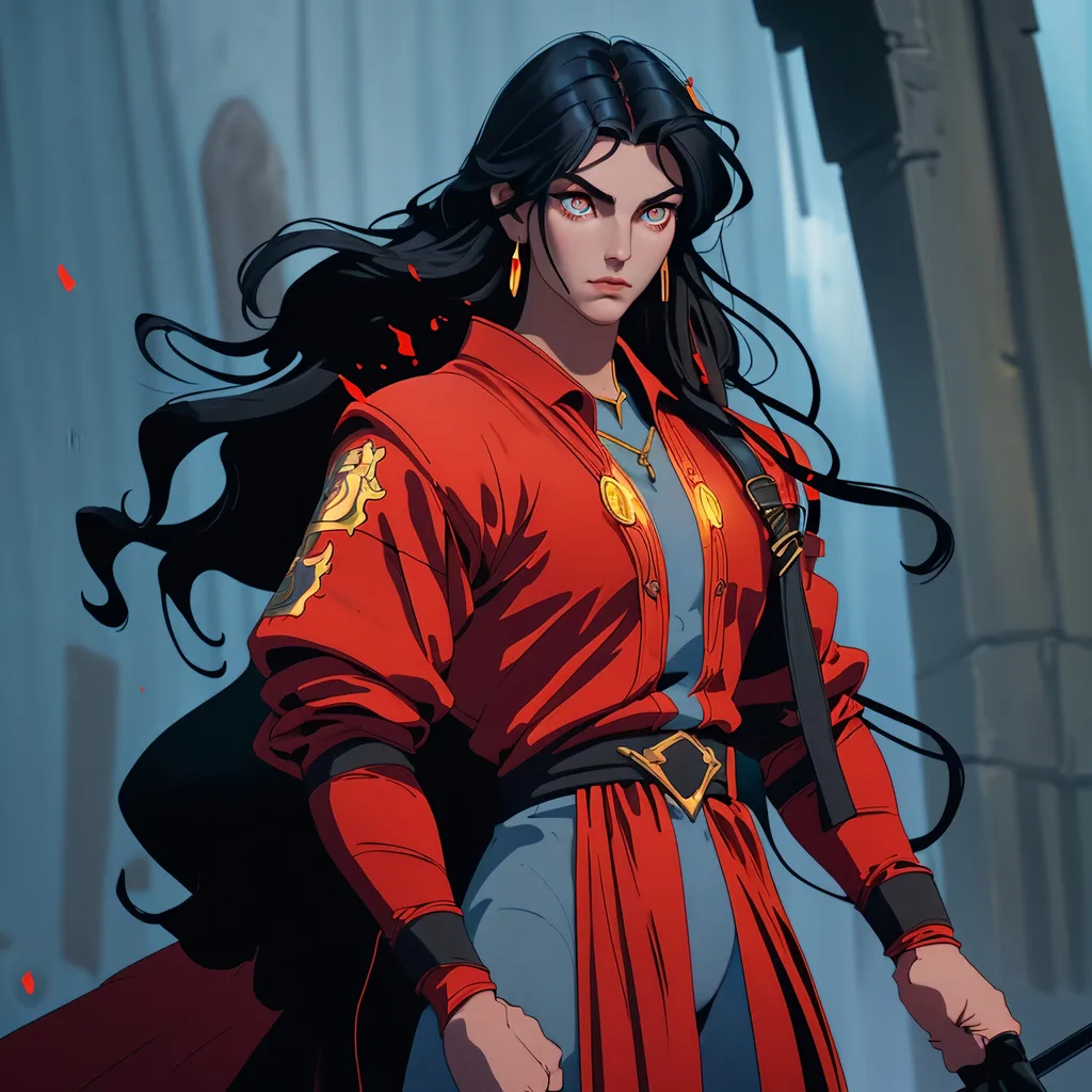 Prompt: Handsome warrior boy, soft, long black hair, red fire eyes, intense gaze, perfect curvaceous body, high resolution, professional, fantasy town, yellow and blue tones, enchanting, detailed eyes, elegant design, atmospheric lighting, good equipment dress, with dark aura