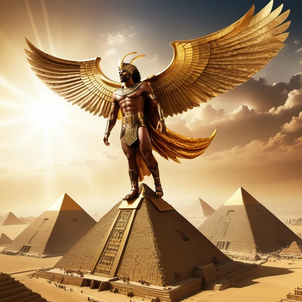 Prompt: Gods of Egypt flying over the pyramids with big golden wings 
