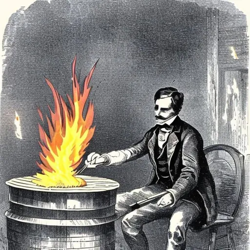 Prompt: back in 1860, a well dressed man putting fire on a paper