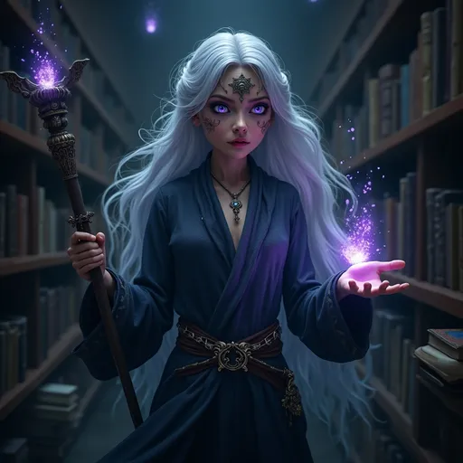 Prompt: A powerful human young girl, cosplayed as sorceress with flowing silver hair, intricate facial tattoos, and glowing purple eyes. She is wearing an elegant robe woven with shimmering threads and carrying a magical staff that pulses with energy. She is casting a spell in a dark, ancient library, surrounded by levitating books. Cinematic lighting, volumetric light, photorealistic, 8k, detailed.