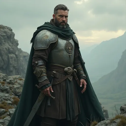 Prompt: An imposing human warrior of Númenórean descent, with a stoic and weathered face, deep-set, intelligent eyes, and a prominent jawline. His strong, muscular build is clad in a layered outfit of finely-woven wool and leather, with a chainmail shirt visible underneath. He wears a heavy, tarnished silver breastplate embossed with a stylized tree emblem. A long, dark green wool cloak with a large hood is fastened at his shoulder by a bronze clasp shaped like a raven. A sheathed longsword with a carved pommel rests at his hip. He stands on a rocky outcrop overlooking a misty, vast valley, with a faint light of dawn breaking through the clouds. The mood is epic and somber. Realistic painting, inspired by the style of Alan Lee and John Howe, intricate details, moody lighting, 8k.