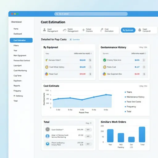 Prompt: A modern enterprise software UI design for a Maintenance Management Information System (MMIS), showing a full "Cost Estimation" page. The design features a left sidebar navigation menu with options like Home, Dashboard, Work Orders, Asset Management, Cost Control, Cost Estimation (highlighted), Preventive Maintenance, Energy Monitoring, Reports, Alarm Monitoring, Settings. The main content area includes a top bar with tabs "By Equipment" and "By Work Order", with "By Equipment" selected. Below, there are dropdown filters for Year, Equipment, Data Range, Frequency, and a Generate Estimation button. The page displays detailed maintenance asset information, maintenance history table, cost estimate summary (labor cost, parts cost, service cost, total), a line chart showing cost trend over 5 years (2020-2024), and a bar chart showing similar work orders cost distribution with values in US dollars ($). The entire interface has a clean white background with blue accent colors, flat design, rounded cards, minimal shadows, and
high fidelity UI, Figma style, professional enterprise software, blue and white color scheme, sharp resolution, clean grid layout, modern web app, realistic screen design
