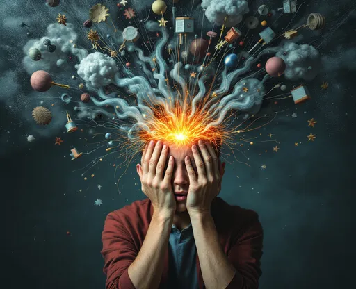 Prompt: Create an image for a topic cover. The output should represent Attention-Deficit Hyperactivity-Disorder ADHD.  Represents the anxiety and chaotic thoughts of ADHD people. The overall mood should be psychological overwhelming.