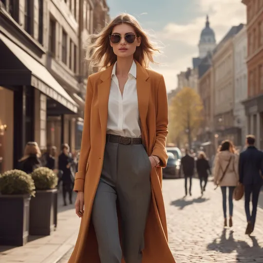 Prompt: Tall young woman walking down the high street, luxury fashion, detailed clothing, captivating atmosphere, warm color scheme, natural lighting, urban scene, vibrant city life, stylish accessories, relaxed pose, elegant backdrop, casual sophistication, HD, ultra-detailed, photorealistic, chic urban landscape.