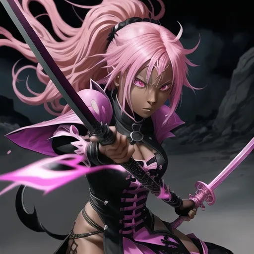 Prompt: Demon slayer with black and pink hair, wielding a pink sword, anime style, vibrant colors, detailed eyes, dynamic pose, high quality, intense lighting, action-packed, anime, vibrant colors, detailed hair, dynamic darkskin African  skintone really dark  skin
