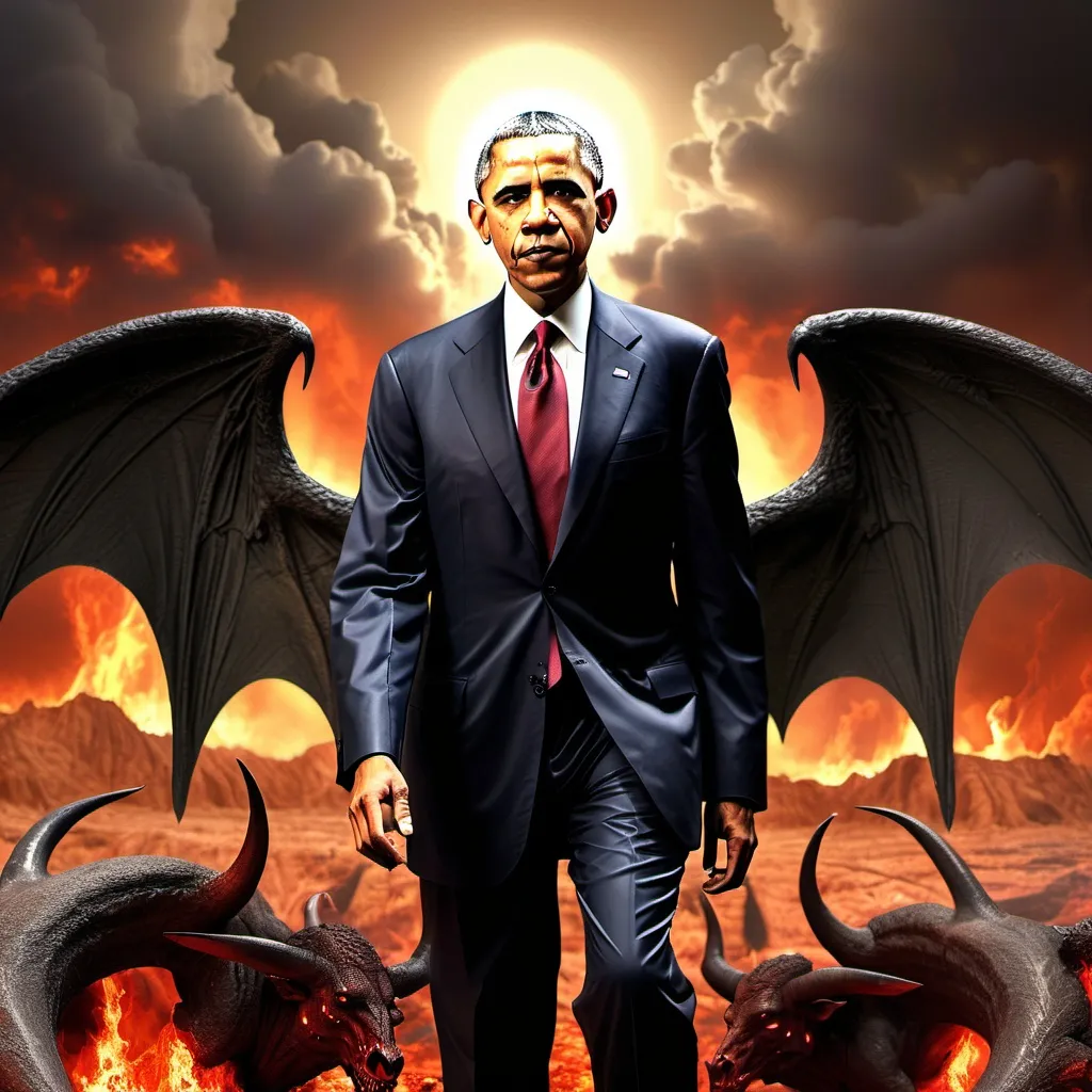 Prompt: Barrack Obama as lucifer on a hell landscape