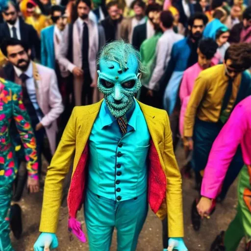Prompt: a strangly dressed person in brite colors who stands out in a crowd of people wearing suits

