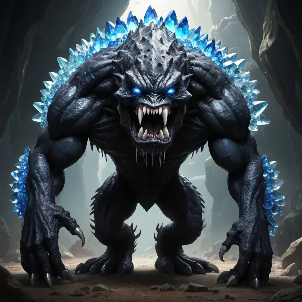 Prompt: A huge black bipedal creature with a huge jagged blue mouth, sneaky blue eyes and blue crystals on its head.