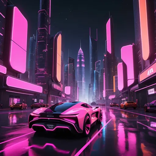Prompt: A striking 3D render featuring a vibrant mix of pink, orange, and black. The scene appears to be a futuristic cityscape with towering skyscrapers, neon lights, and an electric atmosphere. In the foreground, there are sleek, futuristic vehicles zooming through the streets. The background shows a dazzling, pulsating night sky with a touch of retro-futuristic aesthetic, creating a dynamic and immersive visual experience., 3d render