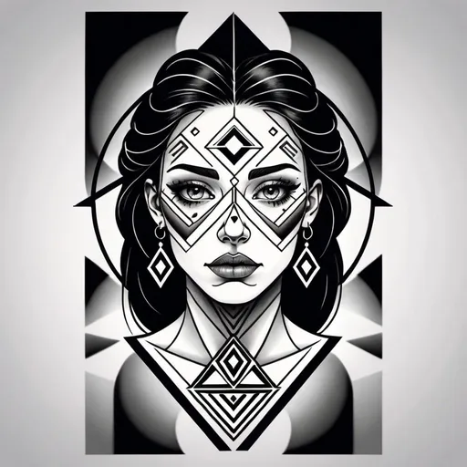 Prompt: neo tradicional tattoo logo woman geometric face 