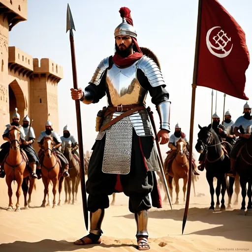 Prompt: Clothing: Traditional battle attire, such as a long tunic or a mail shirt (chainmail), often accompanied by a turban or helmet. Depending on the era, they might wear padded armor or lamellar armor over their tunic.Weapons: Common weapons include a curved sword (scimitar or shamshir), a spear, a dagger, and sometimes a bow and arrows. A shield, often decorated with Islamic motifs or calligraphy, could also be present.
Attributes: The warrior might carry other battle gear, such as a quiver of arrows, a scabbard for the sword, and possibly additional weaponry like a mace or an axe.Setting: The setting could include a desert landscape, a battlefield, or a fortified city. Elements such as horses, banners, and other warriors could add to the scene.Background: Architectural elements, such as minarets, domes, and arches, might be visible to give context to the historical and cultural background.Posture and Expression: The warrior could be depicted in a dynamic pose, such as charging into battle, standing guard, or in a moment of repose, reflecting bravery and readiness for combat.